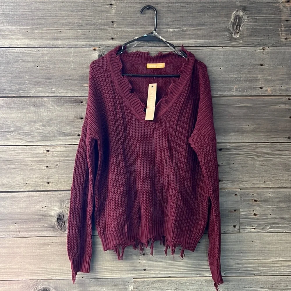 Emmer & Oat V-Neck Sweater w/ Raw Edges-Burgundy - Picture 1 of 4